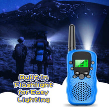 Blue kids walkie-talkie with antenna and front LCD screen
