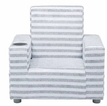 Striped upholstered kids armchair with wide seat, side armrests, and low legs