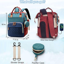 Blue and red baby diaper bag backpacks with stroller straps and small pacifier case accessory.