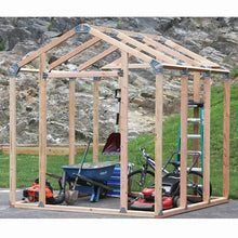 Wood shed framing kit with roof rafters and vertical studs, open framework