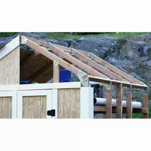Shed framing kit roof rafters with metal connector brackets on the top beam