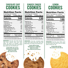 Gluten-free cookie variety pack nutrition facts and ingredients panels for three cookie types
