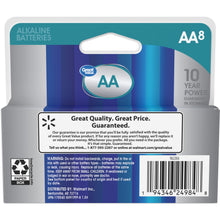AA alkaline battery 8-pack back label with warranty and recycling info