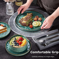 Onader Dinnerware Sets for 6, 18-Piece Plates and Bowls Set, Stoneware Dish Set for Kitchen, Ceramic Dinnerware for Home Restaurant, Chip and Scratch Resistant, Microwave and Dishwash, Reactive Green
