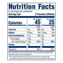 Nutrition Facts label for juice pouch with calories and serving-size details