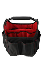 Tool tote organizer with black sides, red interior, top handle, and side storage pockets.