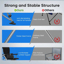 Folding chair frame with anti-slip rotating feet and reinforced steel legs.