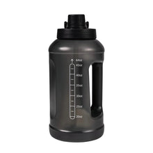 Translucent black water bottle with carry handle, 64oz measurement marks, and lid