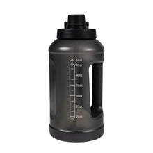 64 oz water bottle with carry handle, translucent dark body, ounce markings and side grip