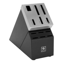 Self-sharpening knife block with gray knife slots and dark base