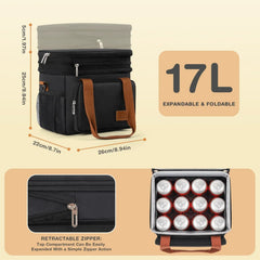 Insulated Lunch Bag for Women/Men, 17L Expandable Double Deck Lunch Cooler Box, Lightweight Leakproof Lunch Tote Bag W/ Side Tissue Pocket&Adjustable Shoulder Strap, Suit for Work,Picnic,Black
