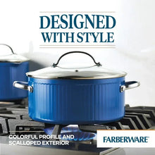 Blue nonstick dutch oven with stainless lid and side handles on a stovetop