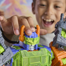 Robot action figure close-up: orange hinge piece on blue and green armored body