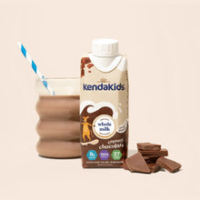 Creamy chocolate whole-milk nutrition shake carton with straw and chocolate pieces