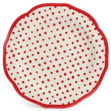 Dinner plate with white surface and red polka dots, finished with red scalloped rim