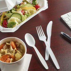 Hefty Wrapped Disposable Plastic Utensils Set, White Disposable Utensils for Picnics, BBQs, Camping, Parties, and More, Includes Forks, Spoons, and Knives