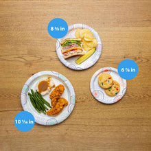 Paper plates with meals, showing 10 1/16 in and 8 3/8 in sizes
