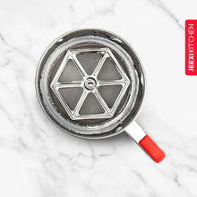 Fine mesh sifter disc with red handle, stainless steel frame