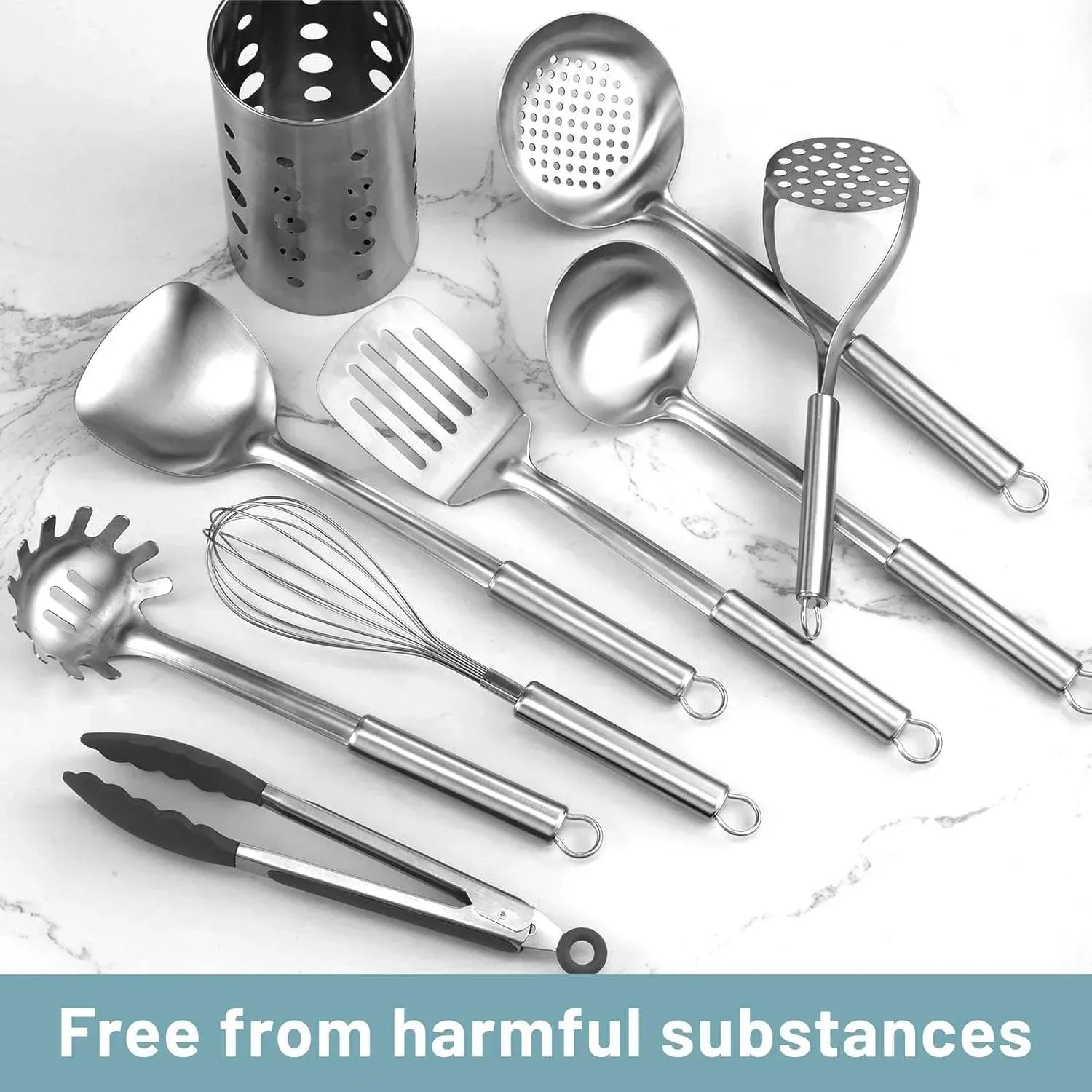 Mirdinner Cooking Utensils Set, 9 Pcs Stainless Steel Kitchen Utensils Set, Kitchen Tools Set, Spatula Sets w Utensil Holder, Wok Spatula,Ladle,Egg Whisk,Non-Stick And Heat Resistant, Dishwasher Safe