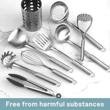 Stainless steel cooking tools set with perforated utensil holder and ladle