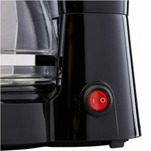 Black 5-cup drip coffee maker with red power switch button