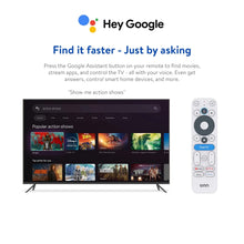 TV screen with Hey Google prompts and white voice remote with action controls