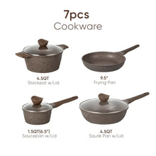 7-piece brown nonstick cookware set with stock pot, sauté pan, fry pan, and saucepan