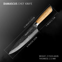 Damascus chef knife with olive-wood handle and textured dark Damascus blade