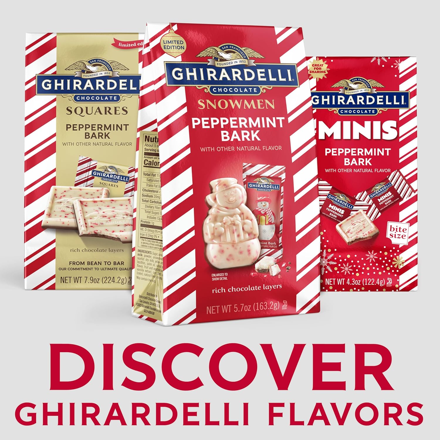 GHIRARDELLI Peppermint Bark Snowmen – Limited Edition Holiday Chocolate Candy Featuring Layers of Rich Chocolate Layers with Festive Peppermint Flavor, 5.7 oz Bag