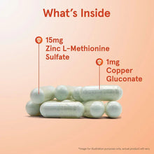 Mint-green veggie zinc capsules shown with ingredient amounts