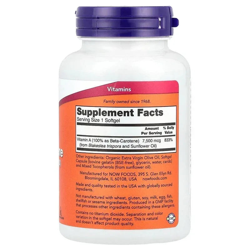NOW Foods, Natural Beta Carotene, 7,500 mcg (25,000 IU), Softgels
