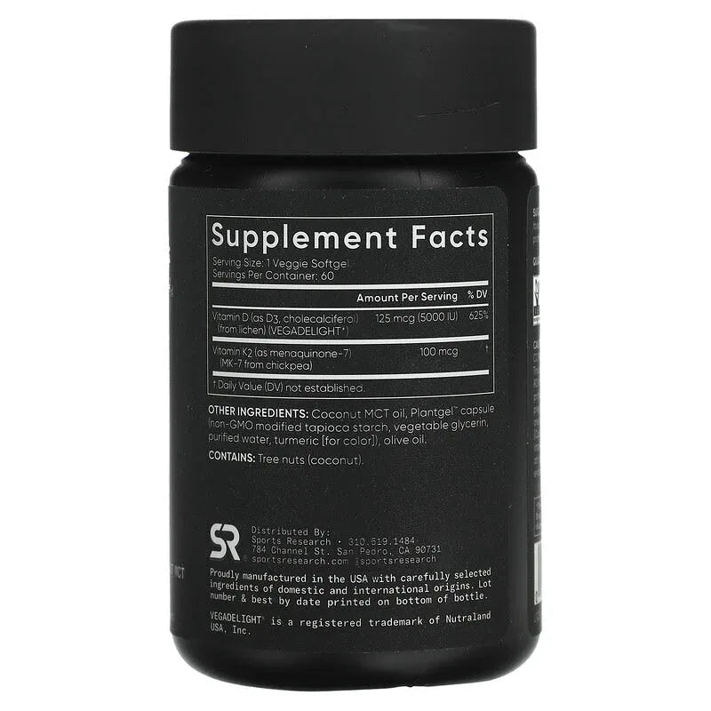 Sports Research, D3 + K2, Plant-Based, 62.5 mcg/100 mcg, Veggie Softgels