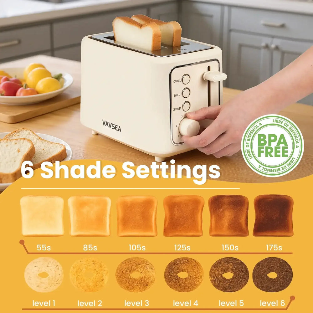 VAVSEA 2 Slice Toaster, 1000W Bread Toaster Machine with Extra Wide Slot, 6 Shade Settings and LED for Bagels, Waffles, Bread, Removable Crumb Tray, Breakfast Helper, Beige - USA MEGA SHOP
