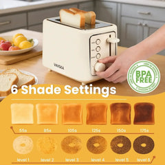 VAVSEA 2 Slice Toaster, 1000W Bread Toaster Machine with Extra Wide Slot, 6 Shade Settings and LED for Bagels, Waffles, Bread, Removable Crumb Tray, Breakfast Helper, Beige