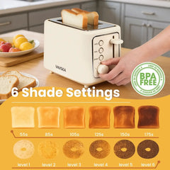 VAVSEA 2 Slice Toaster, 1000W Bread Toaster Machine with Extra Wide Slot, 6 Shade Settings and LED for Bagels, Waffles, Bread, Removable Crumb Tray, Breakfast Helper, Beige - USA MEGA SHOP