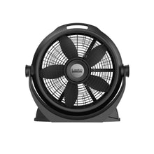 Black 20-inch floor fan with front grille, circular hub, and side control knobs