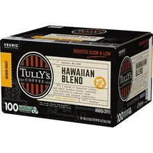 Tully's Hawaiian Blend K-Cup pod box side view with 100 count and roasted slow & low
