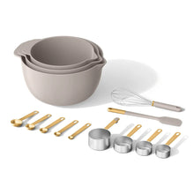 Porcini taupe mix & measure set with nesting bowls, measuring spoons, and whisk