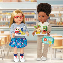 School lunch playset with two dolls holding toy food and a patterned lunch bag