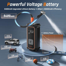 Cordless portable tire inflator with LED-style display, orange top, and power hose