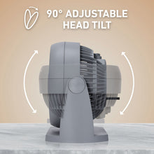 Gray air circulator fan with 90° adjustable head tilt shown in side view.