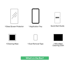 Screen protector kit contents: glass protector, application tray, cleaning cloth, wipe, tape