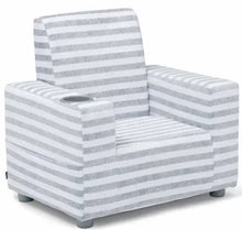 Striped upholstered kids armchair with side cup holder and cushioned arms