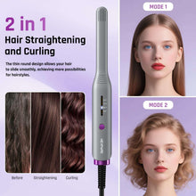 2-in-1 mini hair straightener and curler, gray body with purple accents