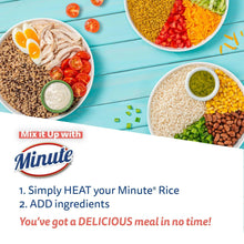 Minute basmati rice cup box with ingredients and serving tips text panel