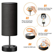 Table lamp with fabric shade and E26 bulb base, showing assembly steps.