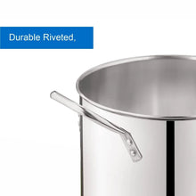 Stainless steel stock pot with riveted side handle attached to body