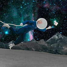 Coffee-themed promotional image with a person stretching toward a floating white circle
