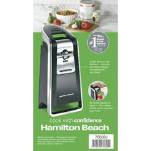 Hamilton Beach can opener retail box featuring the black and stainless can opener