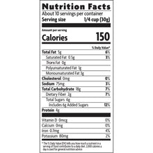 Granola nutrition facts panel with serving size and calories information